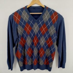Mens Argyle V Neck Sweater Blue Gray Red Long Sleeve‎ Soft Size XL Grandpacore